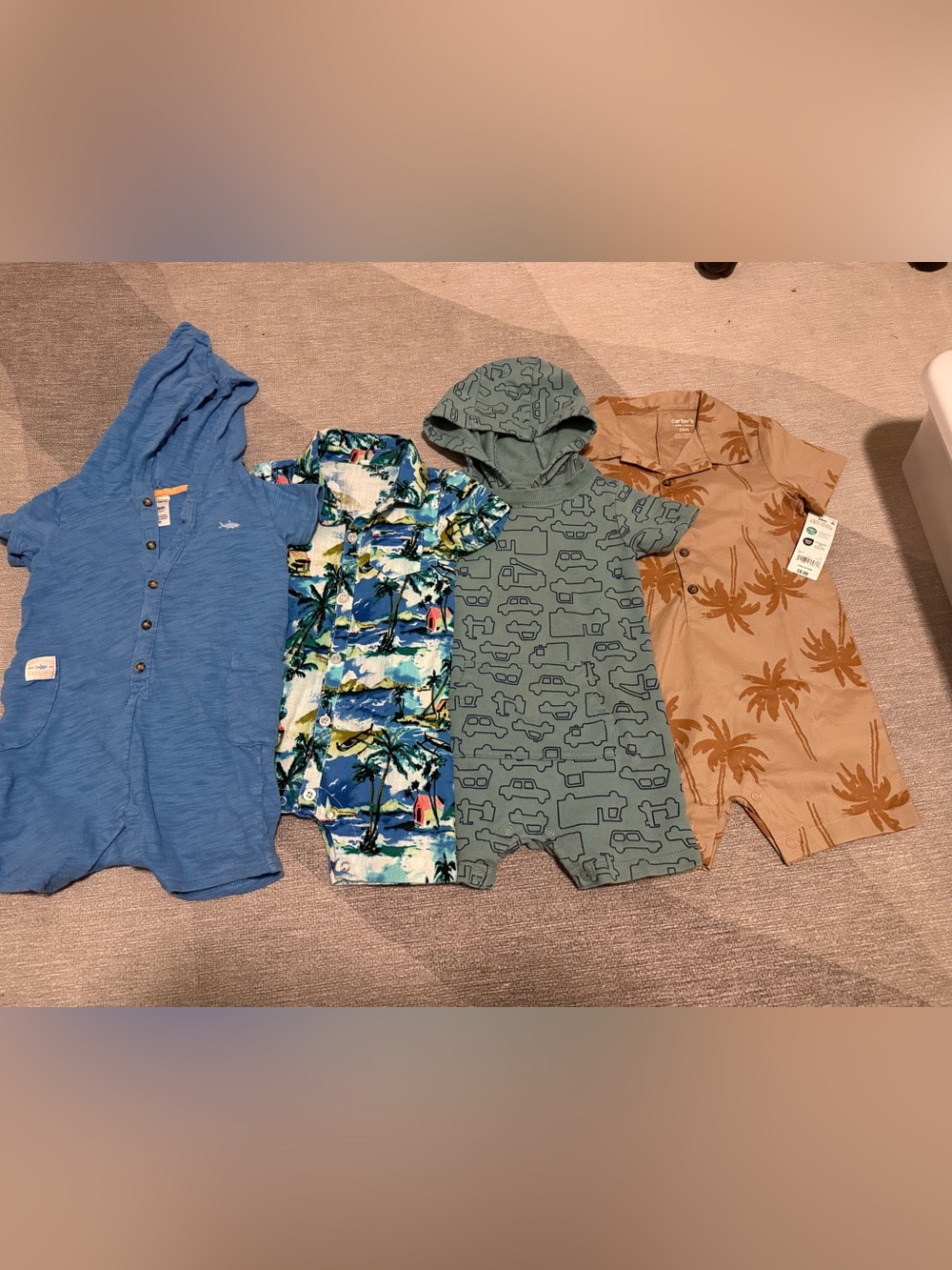 Lot Of Four Toddler Boy Romper Bundle Carters 24 Month Tropical, Cars, Shark
